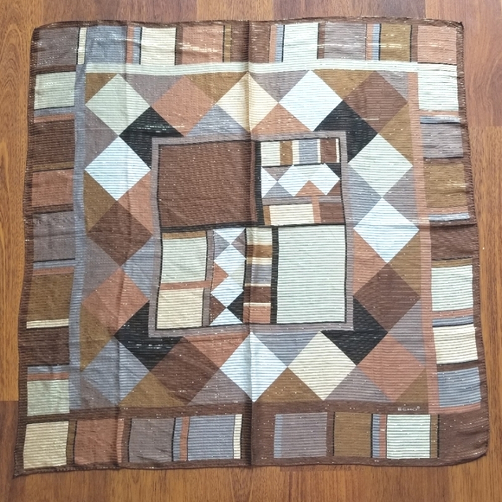 ECHO NY Square Silk Scarf Metallic Bronze Geometric Print - Picture 4 of 10